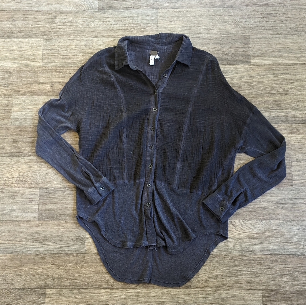 Free People Charcoal Gray Muslin Gauze Long sleeve Top Size Small